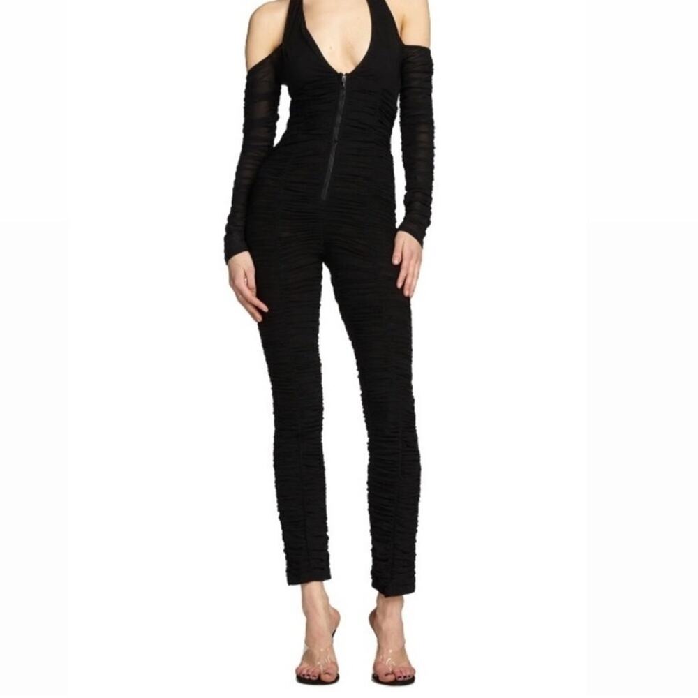 I.AM.GIA Diego Ruched Long Sleeve Jumpsuit Black XS Halter Cold Shoulder Bodycon